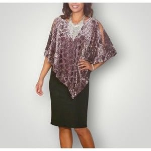 NWT Midnight Velvet Women's 20 Black Floral Capelet Overlay Split Sleeve Dress